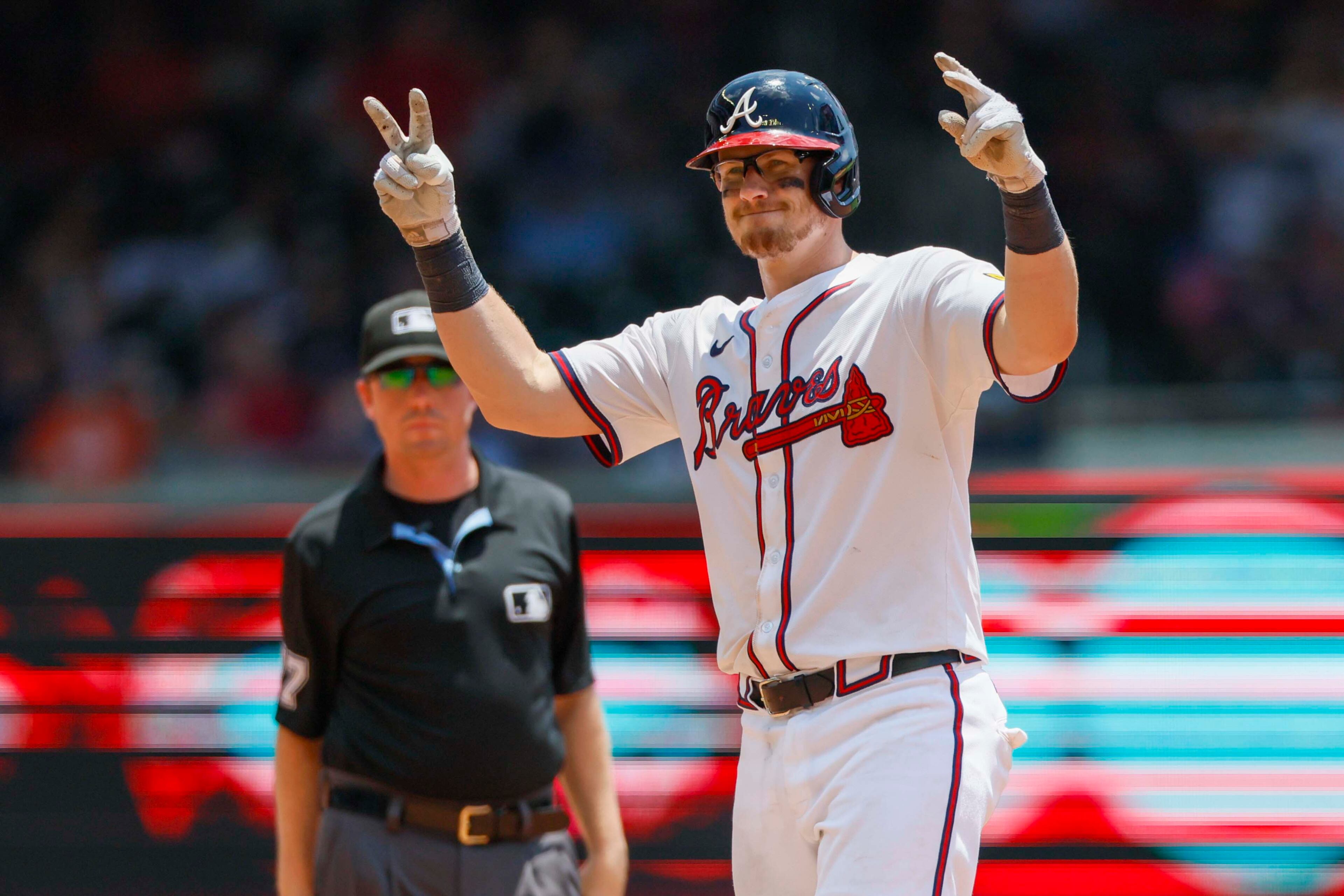 Atlanta Braves catcher Sean Murphy (12) reacts after hitting a double during the seventh inning against the Baltimore Orioles at Truist Park on Sunday, July 6, 2025, in Atlanta.
(Miguel Martinez/ AJC)
