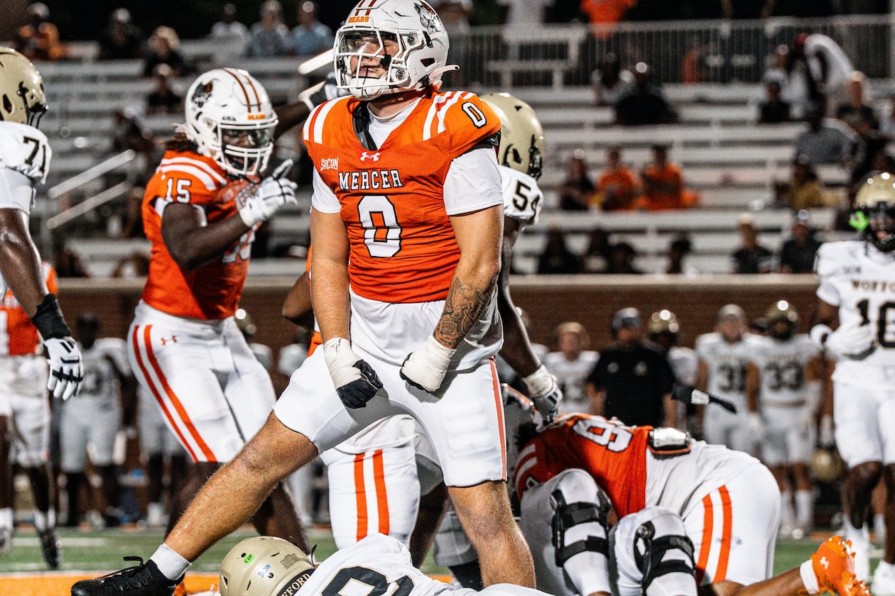 Mercer sophomore defensive lineman Andrew Zock (center) has 10 sacks and 15 tackles for a loss this season for the No. 10-ranked Bears. (Courtesy of Mercer Athletics)