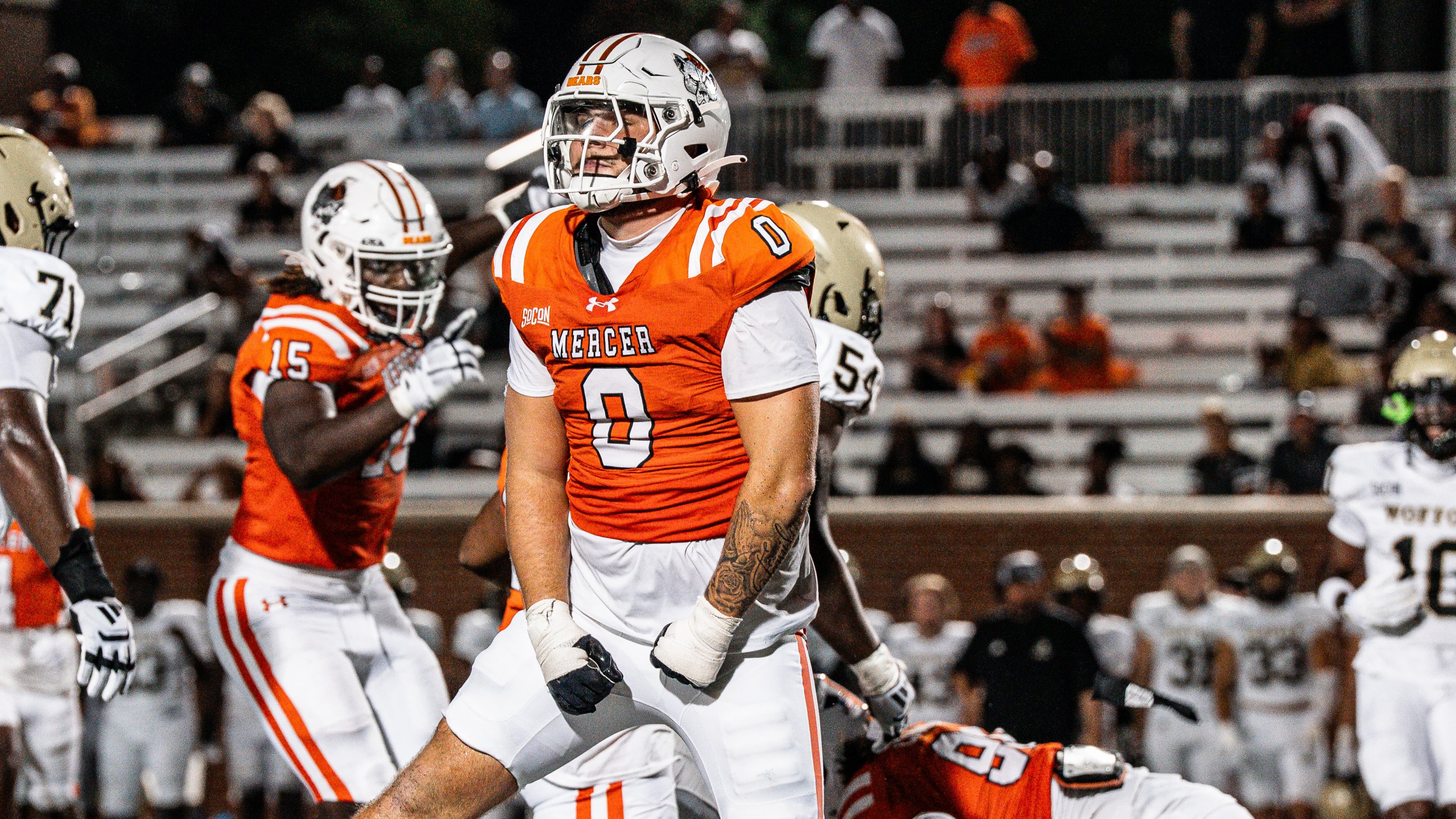 Mercer sophomore defensive lineman Andrew Zock (center) has 10 sacks and 15 tackles for a loss this season for the No. 10-ranked Bears. (Courtesy of Mercer Athletics)