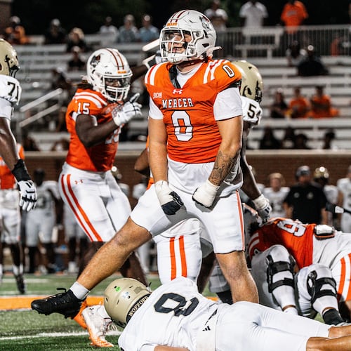 Mercer sophomore defensive lineman Andrew Zock (center) has 10 sacks and 15 tackles for a loss this season for the No. 10-ranked Bears. (Courtesy of Mercer Athletics)