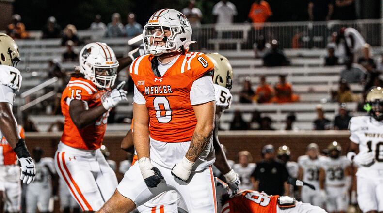 Mercer sophomore defensive lineman Andrew Zock (center) has 10 sacks and 15 tackles for a loss this season for the No. 10-ranked Bears. (Courtesy of Mercer Athletics)