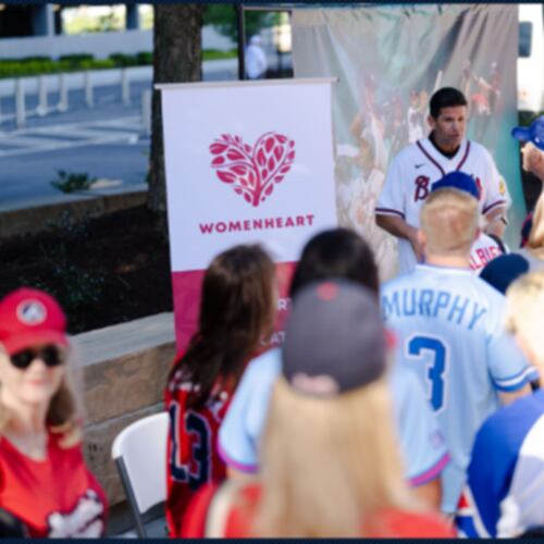 Former Atlanta Braves catcher Javy Lopez speaks with fans about heart disease risks as part of the “Playing with Heart” initiative. (Courtesy of the Atlanta Braves)