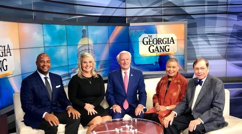 Lori Geary (second to left) joins Fox 5's "The Georgia Gang," which features Tharon Johnson, Phil Kent, Alexis Scott and Dick Williams. CREDIT: Fox 5