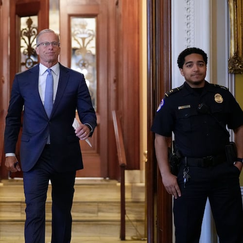 Senate Majority Leader John Thune, R-S.D., leaves the chamber, at the Capitol in Washington, Thursday, June 18, 2026. (AP Photo/J. Scott Applewhite)