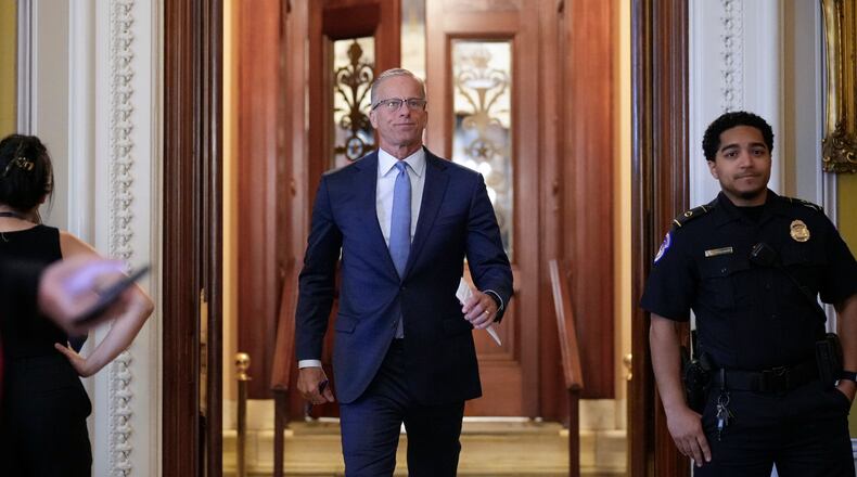 Senate Majority Leader John Thune, R-S.D., leaves the chamber, at the Capitol in Washington, Thursday, June 18, 2026. (AP Photo/J. Scott Applewhite)