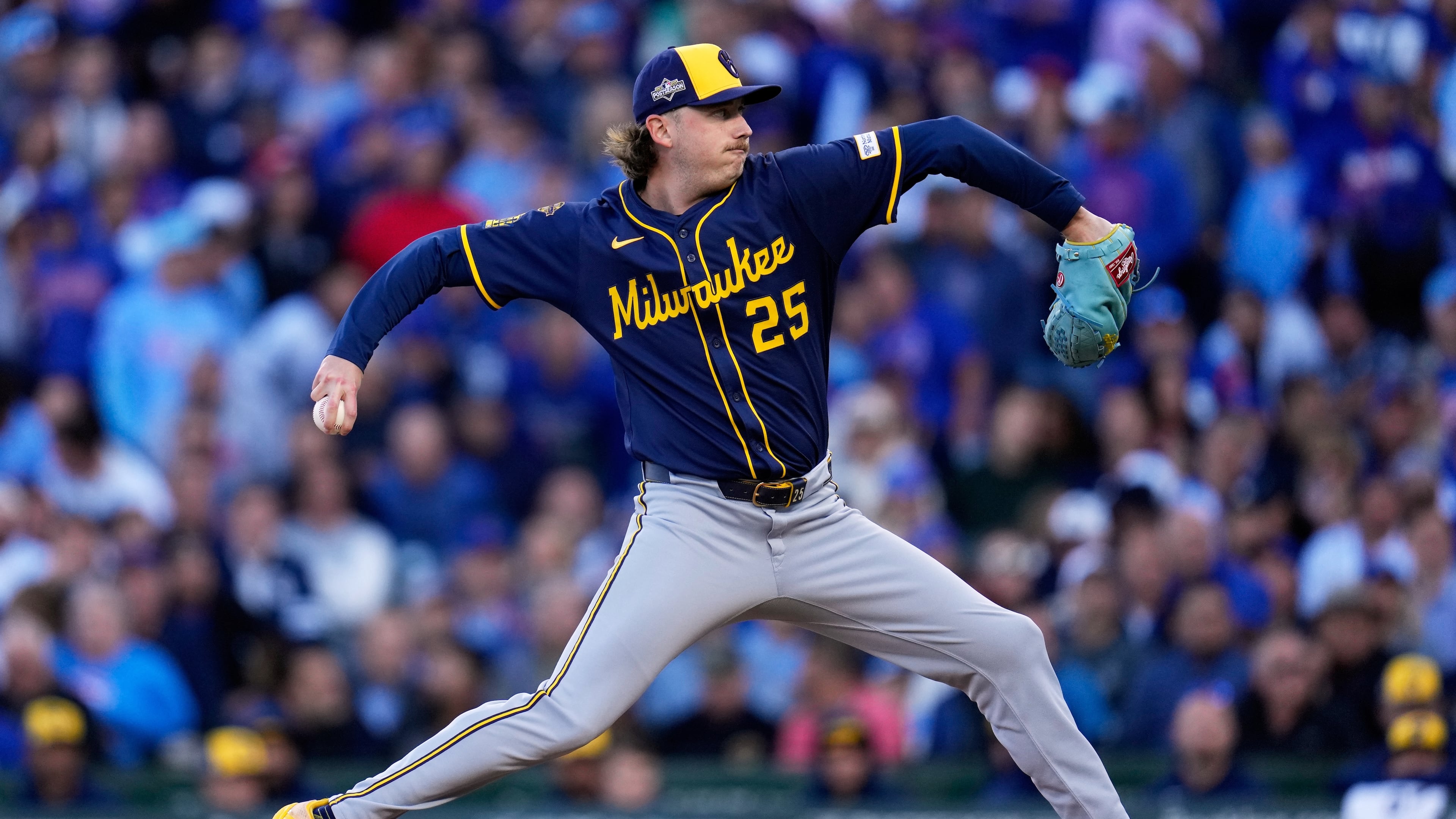 Milwaukee Brewers' Nick Mears throws during the first inning of Game 3 of baseball's National League Division Series against the Chicago Cubs Wednesday, Oct. 8, 2025, in Chicago. (AP Photo/Erin Hooley)