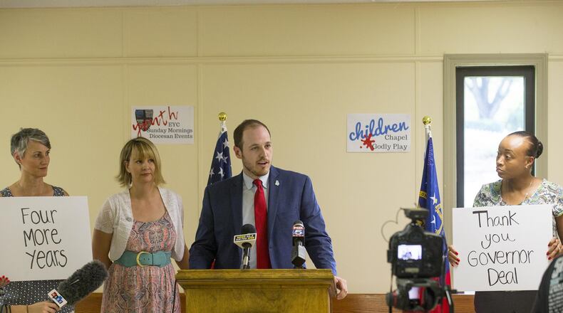 Gwinnett Intervention Education (G.I.V.E) Center West teacher Alex Robson speaks during a press conference for the Hungry for Education movement at Christ Church Episcopal Parish Hall in Norcoss, Monday, August 13, 2018. Hungry for Education, a group of local teachers, parents, and students whose goal is improving student outcomes through full funding of Georgia public schools, ended its two-week hunger strike early after it acheived its goal. (ALYSSA POINTER/ALYSSA.POINTER@AJC.COM)