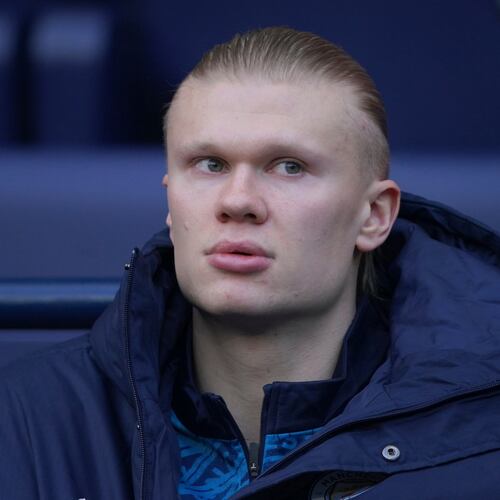 Manchester City's Erling Haaland sits in the dug out before the start of the English Premier League soccer match between Manchester City and Wolverhampton Wanderers in Manchester, England, Saturday, Jan. 24, 2026. (AP Photo/Ian Hodgson)