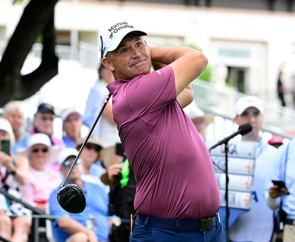 Padraig Harrington hits from the first tee during the third round of the U.S. Senior Open Championship golf tournament at The Broadmoor, Saturday, June 28, 2025, in Colorado Springs, Colo. (Andy Cross/The Denver Post via AP)