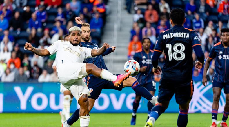 Atlanta United forward Josef Martinez #7 shoots during the match against Cincinnati FC at TQL Stadium in Cincinnati, Ohio on Sunday November 7, 2021. (Photo by Jacob Gonzalez/Atlanta United)