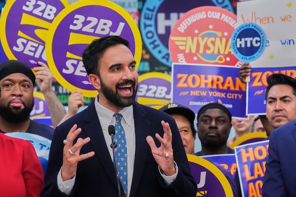 Democrat mayoral candidate Zohran Mamdani speaks during a rally at the Hotel & Gaming Trades Council headquarters in New York, Wednesday, July 2, 2025. (AP Photo/Richard Drew)