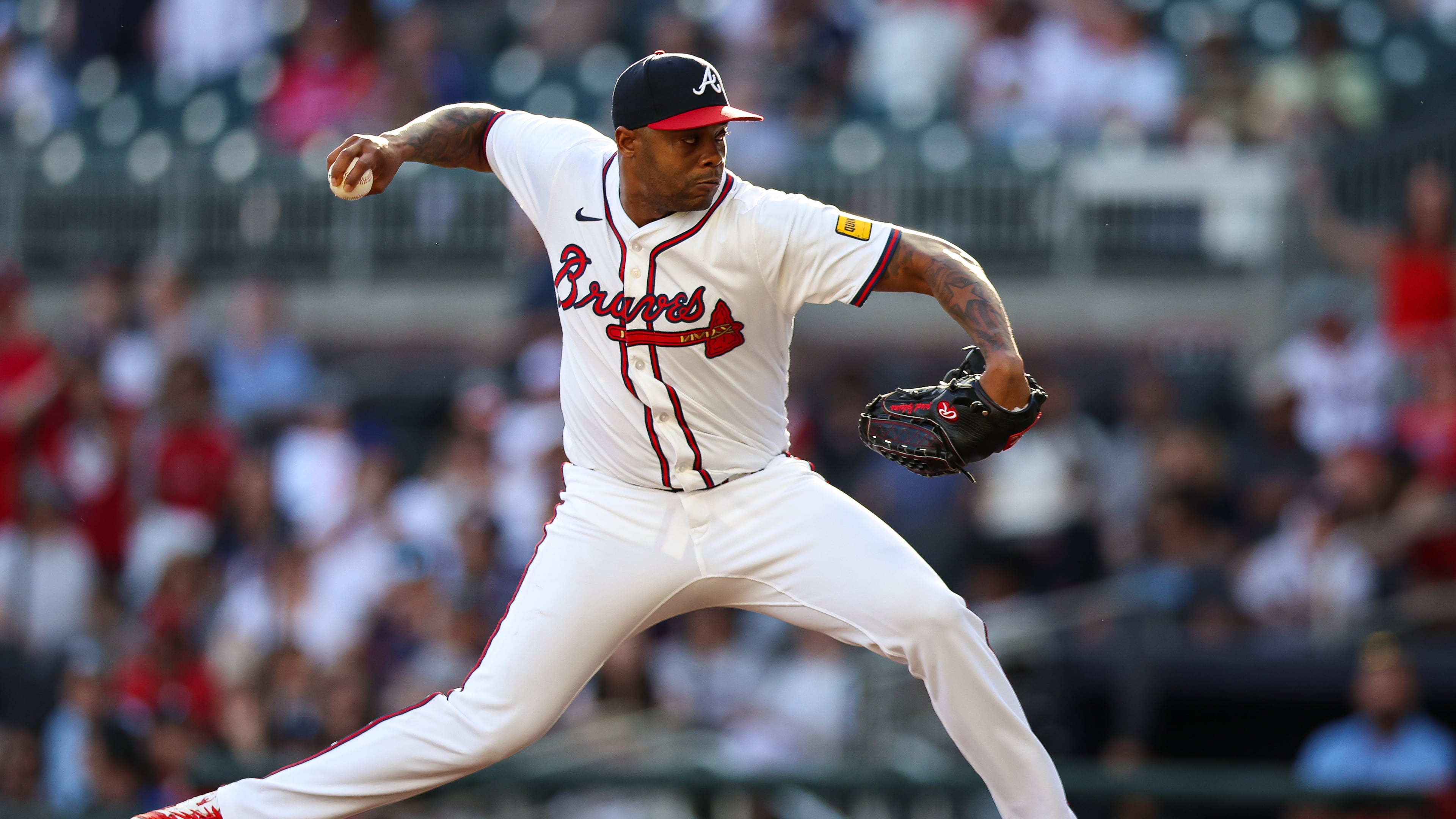 Braves pitcher Raisel Iglesias delivers in the ninth inning against the Pittsburgh Pirates on Sunday, Sept. 28, 2025, in Atlanta. The Braves concluded their season, missing the playoffs for the first time since 2017. (Colin Hubbard/AP)