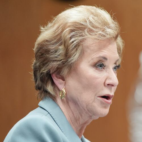 Education Secretary Linda McMahon testifies during a Senate Committee on Appropriations subcommittee hearing to examine proposed budget estimates and justification for fiscal year 2027 for the Department of Education on Capitol Hill, Tuesday, April 28, 2026, in Washington. (AP Photo/Mariam Zuhaib)