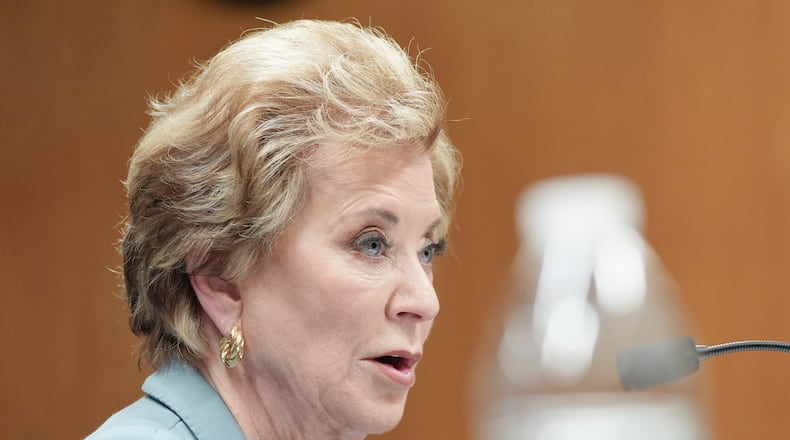 Education Secretary Linda McMahon testifies during a Senate Committee on Appropriations subcommittee hearing to examine proposed budget estimates and justification for fiscal year 2027 for the Department of Education on Capitol Hill, Tuesday, April 28, 2026, in Washington. (AP Photo/Mariam Zuhaib)