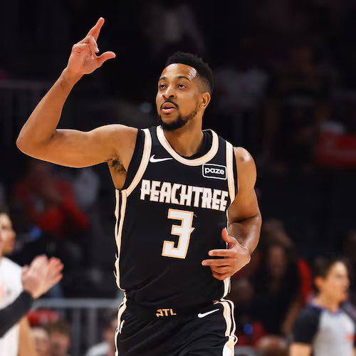 Atlanta Hawks guard CJ McCollum (3) reacts during the first half of an NBA basketball game against the Cleveland Cavaliers, Friday, April 10, 2026, in Atlanta. (AP Photo/Colin Hubbard)