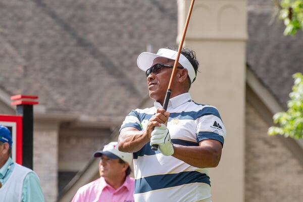 Thongchai Jaidee of Thailand tees off on Friday during the first round of the Mitsubishi Electric Classic at TPC Sugarloaf, April 24, 2026. Jaidee scored 14 points and is tied for second place. (Courtesy/David King)