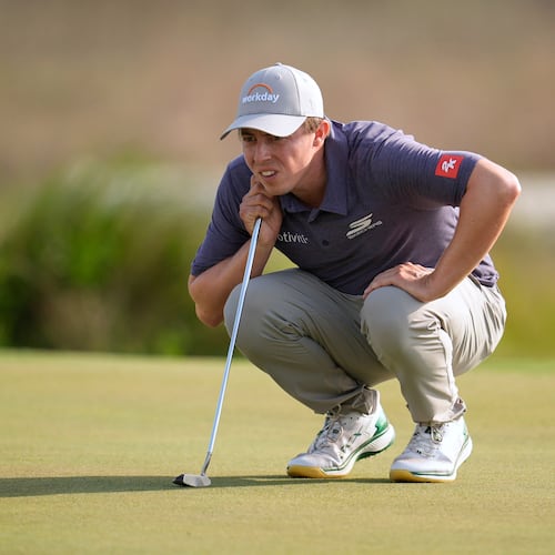 Matt Fitzpatrick, of England, prepares to putt on the 18th hole during the third round of the RBC Heritage golf tournament Saturday, April 18, 2026, in Hilton Head, S.C. (AP Photo/Mike Stewart)