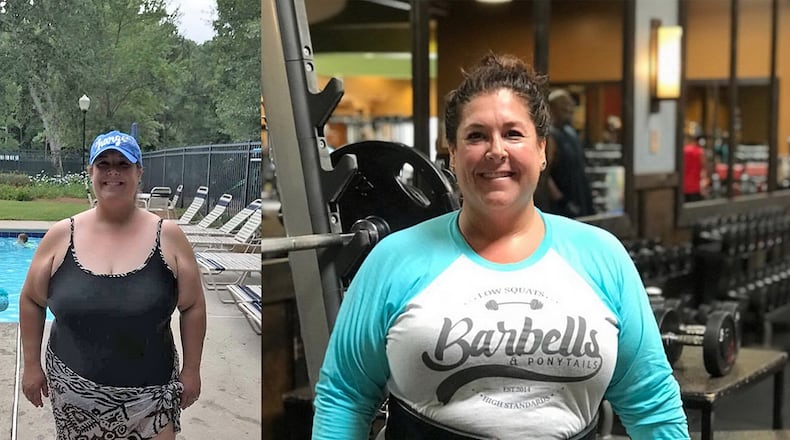 In the photo on the left, taken in 2017, Gina Malik weighed 277 pounds. In the photo on the right, taken in June, she weighed 240 pounds. (Photos contributed by Gina Malik.)