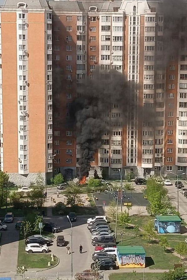 In this handout photo released by OSTOROZHNO NOVOSTI, flames and smoke rise from the scene where Lt. Gen. Yaroslav Moskalik, a deputy head of the main operational department in the Ge eral Staff of the Russian armed forces, was killed by an explosive device placed in a car in Balashikha, just outside Moscow, Russia, on Friday, April 25, 2025. (OSTOROZHNO NOVOSTI via AP)