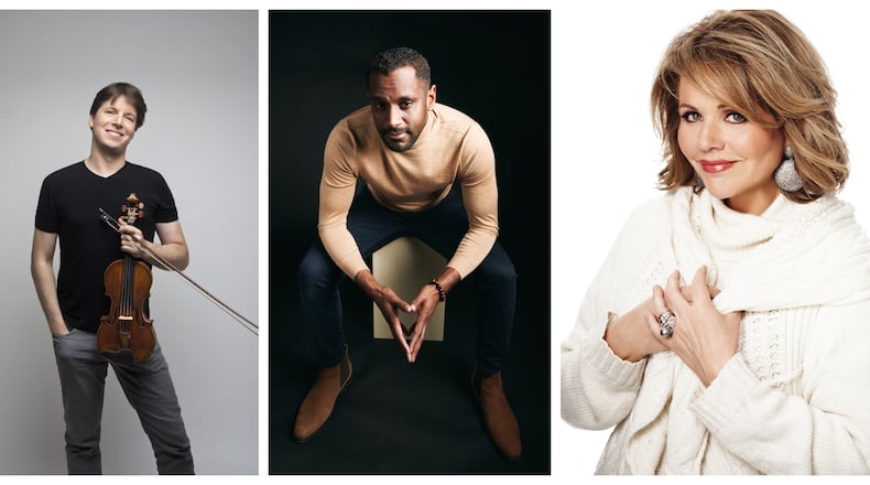 Violinist Joshua Bell (left) is among the star soloists who will visit the Woodruff Arts Center during the Atlanta Symphony Orchestra's 2023-2024 season. The new season will also include evenings of music curated by composer and former Atlantan Carlos Simon (center) and an all-Strauss program by star soprano Renee Fleming. Photos: Phillip Knott, Terrance Ragland and Timothy White