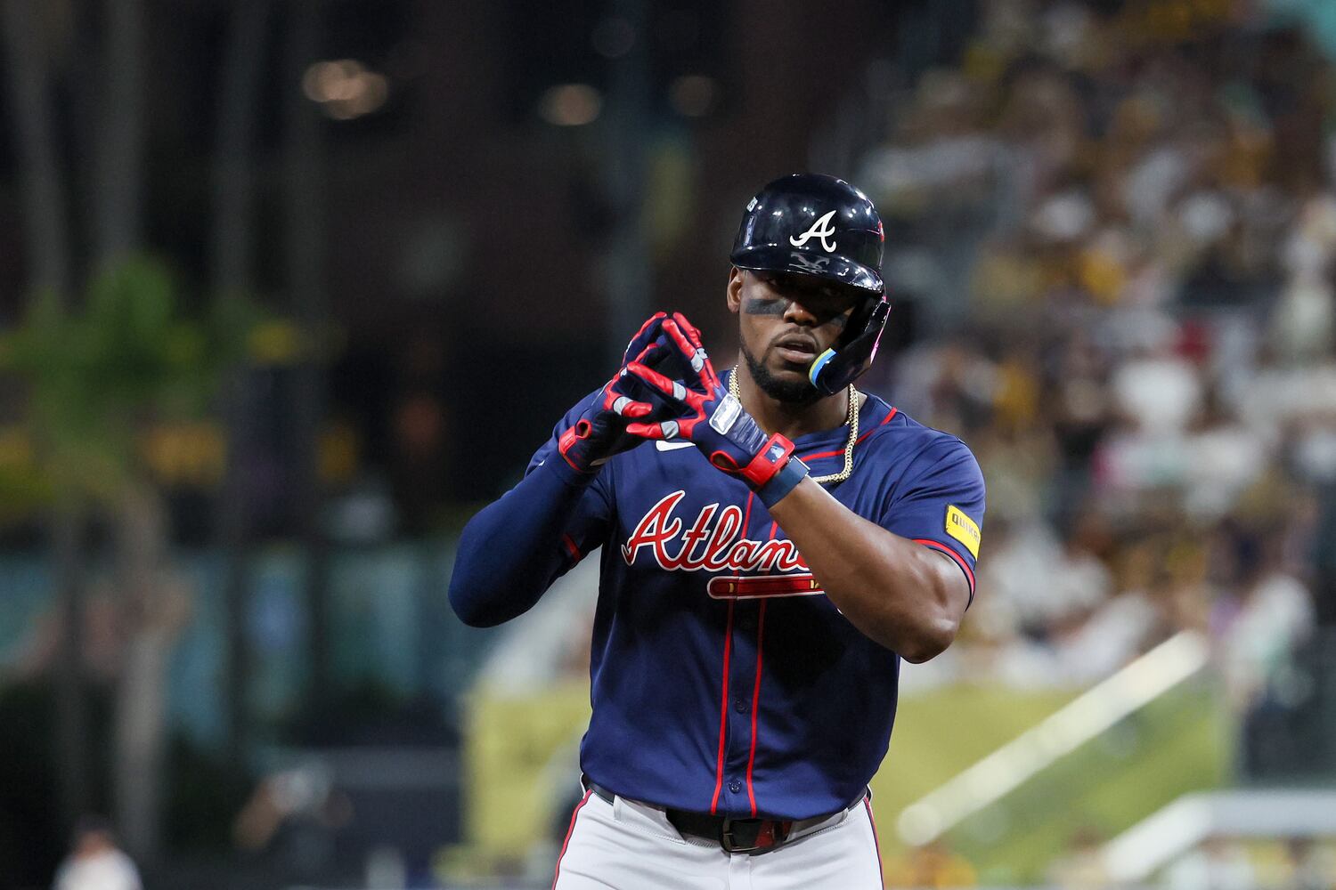 Atlanta Braves’ Jorge Soler hits a solo homer against the San Diego Padres during the fifth inning of National League Division Series Wild Card Game Two at Petco Park in San Diego on Wednesday, Oct. 2, 2024.   (Jason Getz / Jason.Getz@ajc.com)