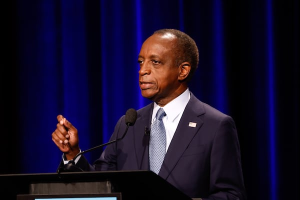 Democratic candidate for governor Michael Thurmond, former CEO of DeKalb County, participates in the Atlanta Press Club Loudermilk-Young debate on Monday. (Arvin Temkar/AJC)