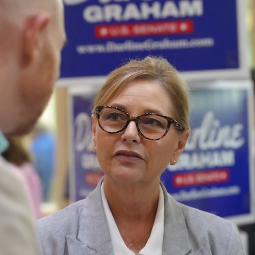 Sen. Darline Graham, R-S.C., speaks with voters following a Senate candidate stump event ahead of a special GOP primary to select a replacement for her late brother, Sen. Lindsey Graham, Saturday, Aug. 1, 2026, in Lexington, S.C. (AP Photo/Meg Kinnard)