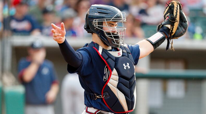 Mississippi Braves catcher Shea Langeliers (4) on defense against the Tennessee Smokies at Smokies Stadium on July 16, 2021, in Kodak, Tenn. (Danny Parker/Four Seam Images)