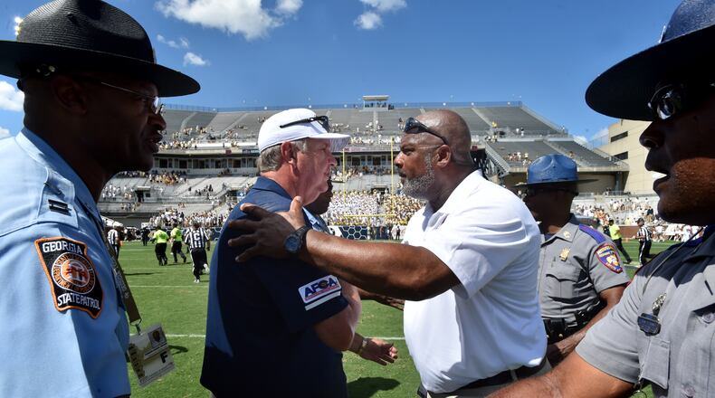 Georgia Tech head coach Paul Johnson and Alcorn State head coach Fred McNair shake hands after the Jackets’ 41-0 win over the Braves Saturday, Sept. 1, 2018,  at Bobby Dodd Stadium in Atlanta.