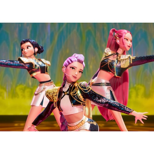 This image released by Netflix shows characters Zoey, from left, Rumi and Mira in a scene from "KPop Demon Hunters." (Netflix via AP)