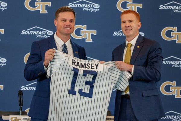 New Georgia Tech baseball coach James Ramsey (left) poses for a photo with interim athletic director Jon Palumbo.