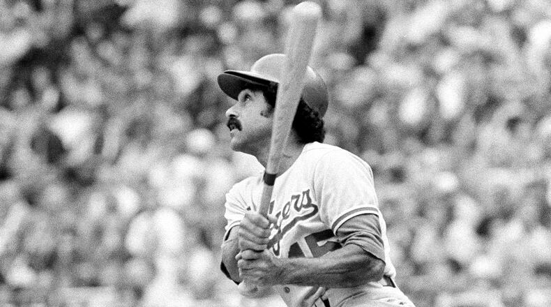 FILE - Los Angeles Dodgers' Davey Lopes hits a home run during an NL playoff baseball game against the Philadelphia Phillies, Thursday, Oct. 5, 1977, Philadelphia. (AP Photo/Rusty Kennedy, File)