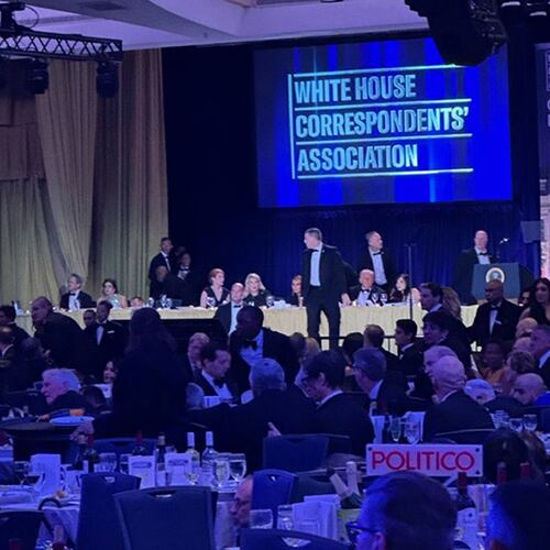 U.S. Secret Service agents respond near President Donald Trump during the White House Correspondents Dinner, Saturday, April 25, 2026, in Washington. (AP Photo/Alex Brandon)