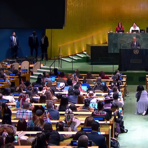 This image taken from UNTV video shows United Nations Secretary-General António Guterres speaking at the UN Permanent Forum on Indigenous Issues in New York, Monday, April 20, 2026. (UNTV via AP)