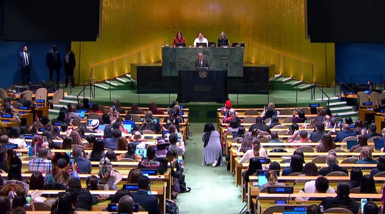 This image taken from UNTV video shows United Nations Secretary-General António Guterres speaking at the UN Permanent Forum on Indigenous Issues in New York, Monday, April 20, 2026. (UNTV via AP)