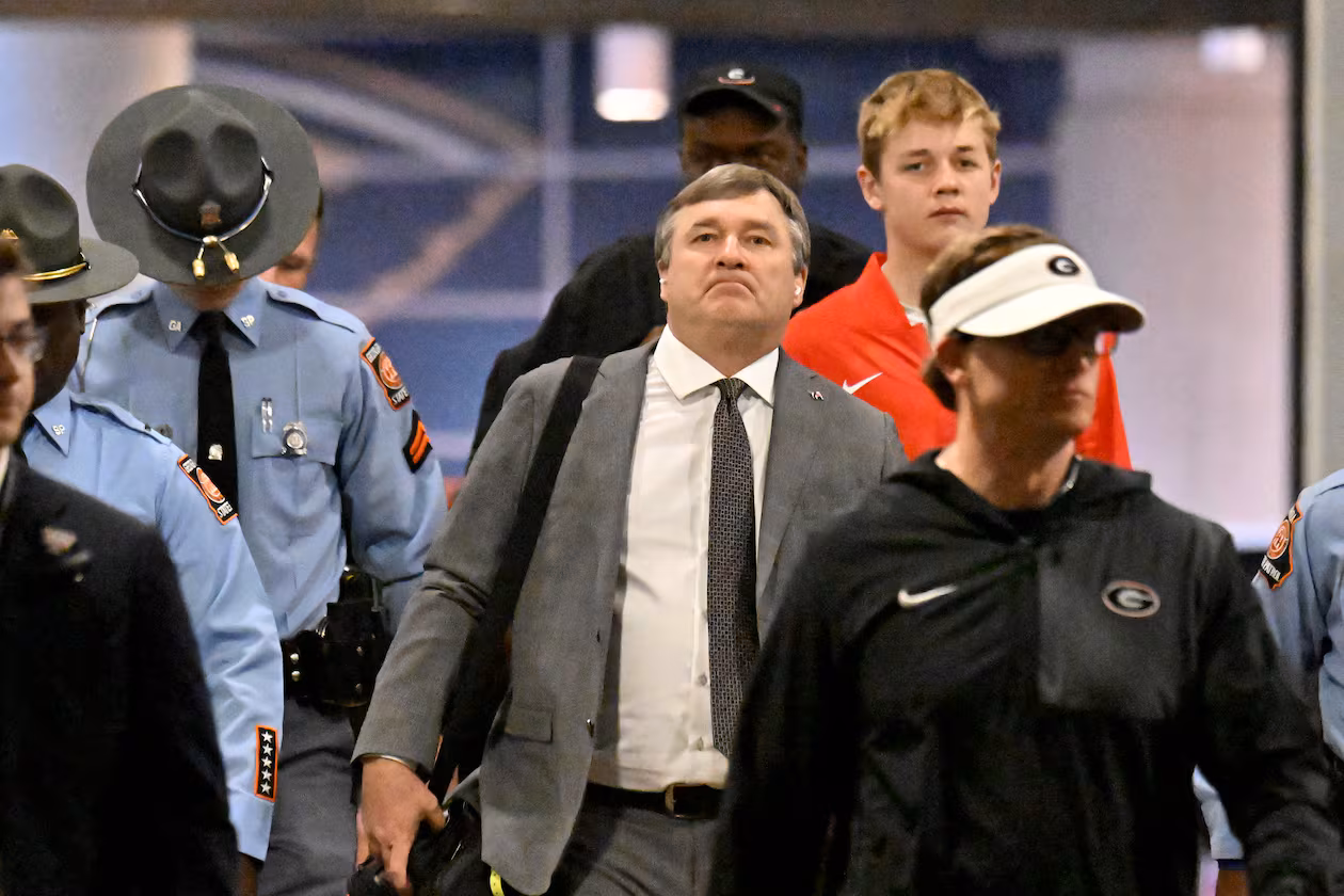 Georgia head coach Kirby Smart arrives with players and coaching staff before the Sugar Bowl on Jan. 1. Although Smart's name was mentioned in an answer about the new Falcons coach, he has said he prefers college ball. (Hyosub Shin/AJC)