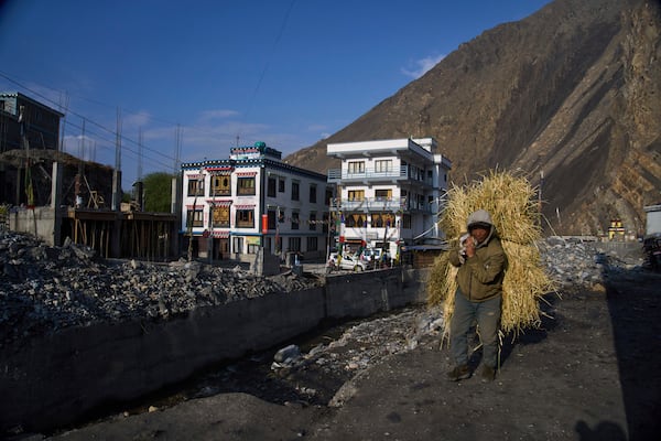 A man carries hay for his livestock in Kagbeni, Mustang region,462 kilometers (288 miles) west of Kathmandu, Nepal,Thursday, April 17, 2025. (AP Photo/Niranjan Shrestha)