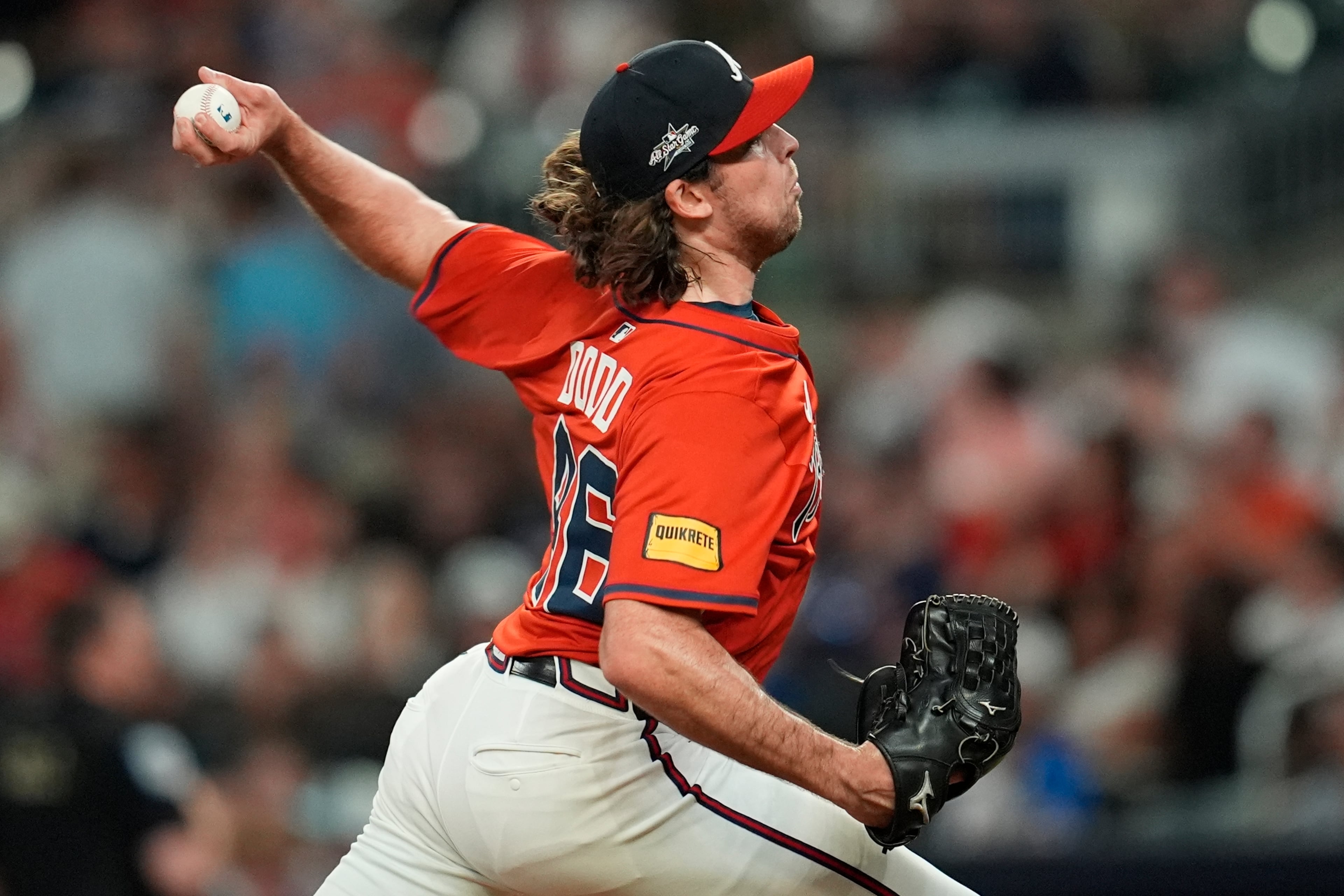 Atlanta Braves pitcher Dylan Dodd delivers against the Colorado Rockies in the sixth inning on Friday at Truist Park in Atlanta. (Mike Stewart/AP)