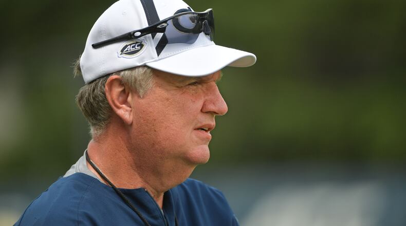 Georgia Tech head coach Paul Johnson watches over the first the first day of Georgia Tech football practice at Rose Bowl Field in Georgia Tech campus on Friday, August 4, 2017. HYOSUB SHIN / HSHIN@AJC.COM