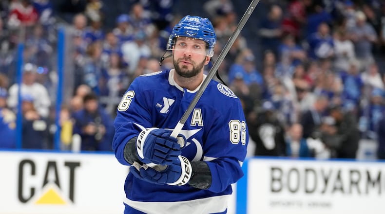 FILE - Tampa Bay Lightning right wing Nikita Kucherov looks on before Game 1 of an NHL hockey Stanley Cup first-round playoff series against the Montréal Canadiens, April 19, 2026, in Tampa, Fla. (AP Photo/Chris O'Meara, File)