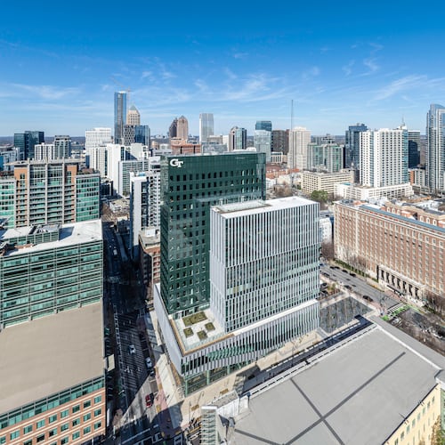 This photo shows a two-tower development by Georgia Tech that will house the institute's industrial engineering and business programs in Midtown. A ribbon-cutting celebrating the project's completion took place Friday, Sept. 18, 2026. (Courtesy of Jonathan Hillyer)