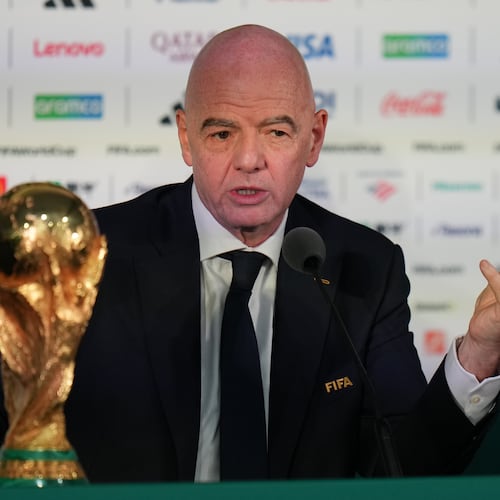 FILE - FIFA President Gianni Infantino speaks during a news conference at the stadium in Mexico City, Wednesday, June 10, 2026, a day before the opening FIFA World Cup match between Mexico and South Africa. (AP Photo/Eduardo Verdugo, File)