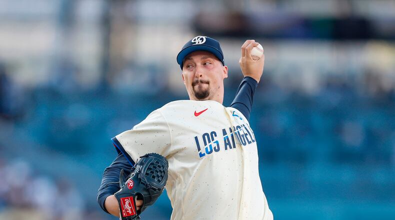 Los Angeles Dodgers starting pitcher Blake Snell pitches during the second inning of a baseball game against the Atlanta Braves, Saturday, May 9, 2026, in Los Angeles. (AP Photo/Caroline Brehman)