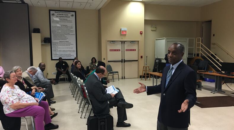 DeKalb County CEO Mike Thurmond addressed a crowd of residents concerned about high water bills at the Maloof Auditorium in Decatur on Sept. 25, 2017. MARK NIESSE / MARK.NIESSE@AJC.COM
