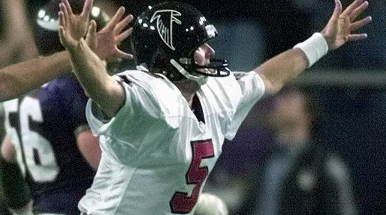 Falcons kicker Morten Andersen runs off celebrating his game-winning 38- yard field goal to beat the Vikings, 30-27, in overtime of the NFC championship. (AP)