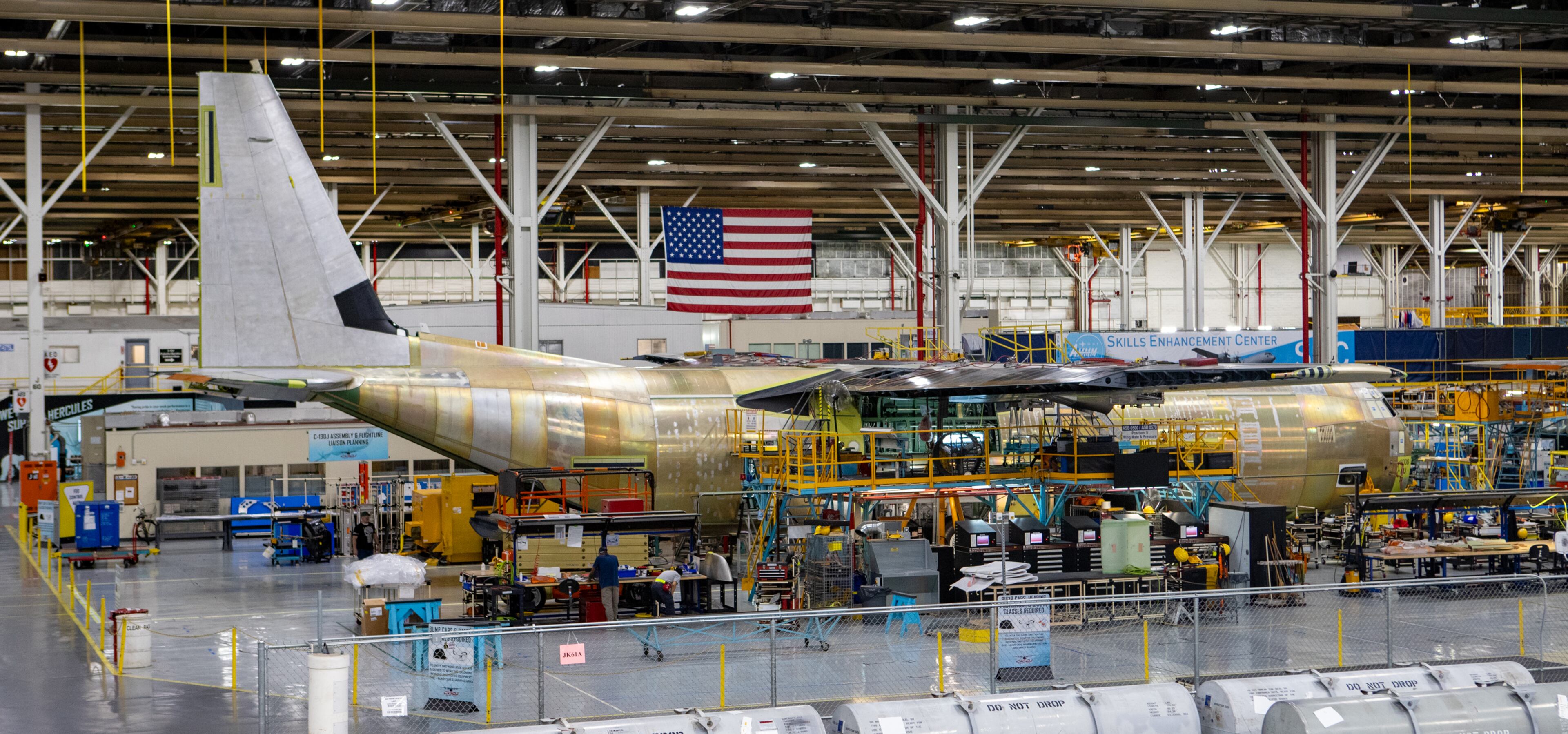 The Lockheed Martin C-130J production facility in Marietta, where the Super Hercules aircraft is built and outfitted for use as ‘flying laboratories.’ The defense contractor is a founding member of the Georgia Aerospace & Defense Alliance. (Jenni Girtman for the AJC)