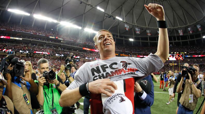 Falcons quarterback Matt Ryan celebrates after defeating the Packers in the NFC Championship Game at the Georgia Dome on January 22 in Atlanta. The Falcons defeated the Packers 44-21.