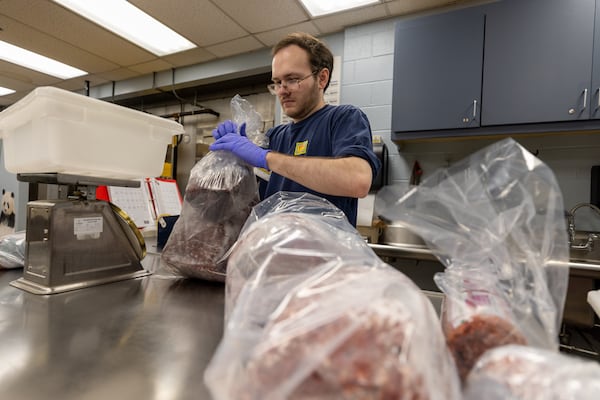 Animal nutrition tech Chandler Karki prepares meat for animals at Zoo Atlanta in Atlanta on Tuesday, July 1, 2025. (Arvin Temkar/AJC)