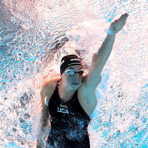 FILE - Gretchen Walsh, of the United States, competes in the women's 50-meter freestyle final at the World Aquatics Championships in Singapore, Aug. 3, 2025. (AP Photo/Lee Jin-man, File)