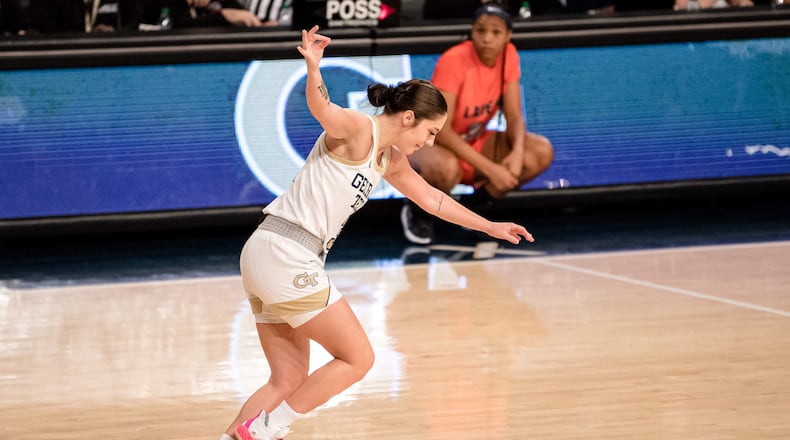 Georgia Tech basketball player Sarah Bates reacts after a big play in an exhibition game against Clayton State on Nov. 1, 2021 at McCamish Pavilion. Bates is a 5-foot-9 senior from Fresno, Calif. (Photo courtesy of Georgia Tech Athletics)